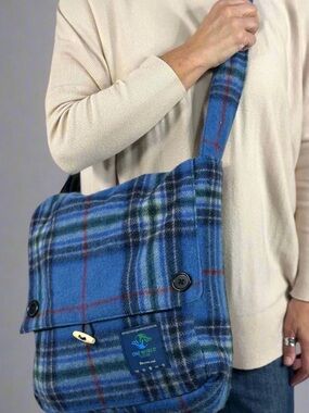 NWT ONE WORLD Blue Plaid Crossbody Messenger Bag